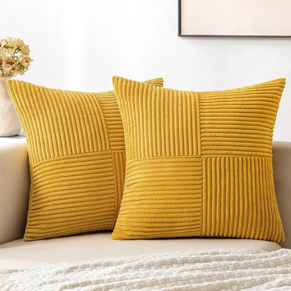 18Inch Set of 2 Beige Throw Pillow Covers Solid Corduroy Striped Cross Patchwork Textured Cushion Covers Home Decor for Couch
