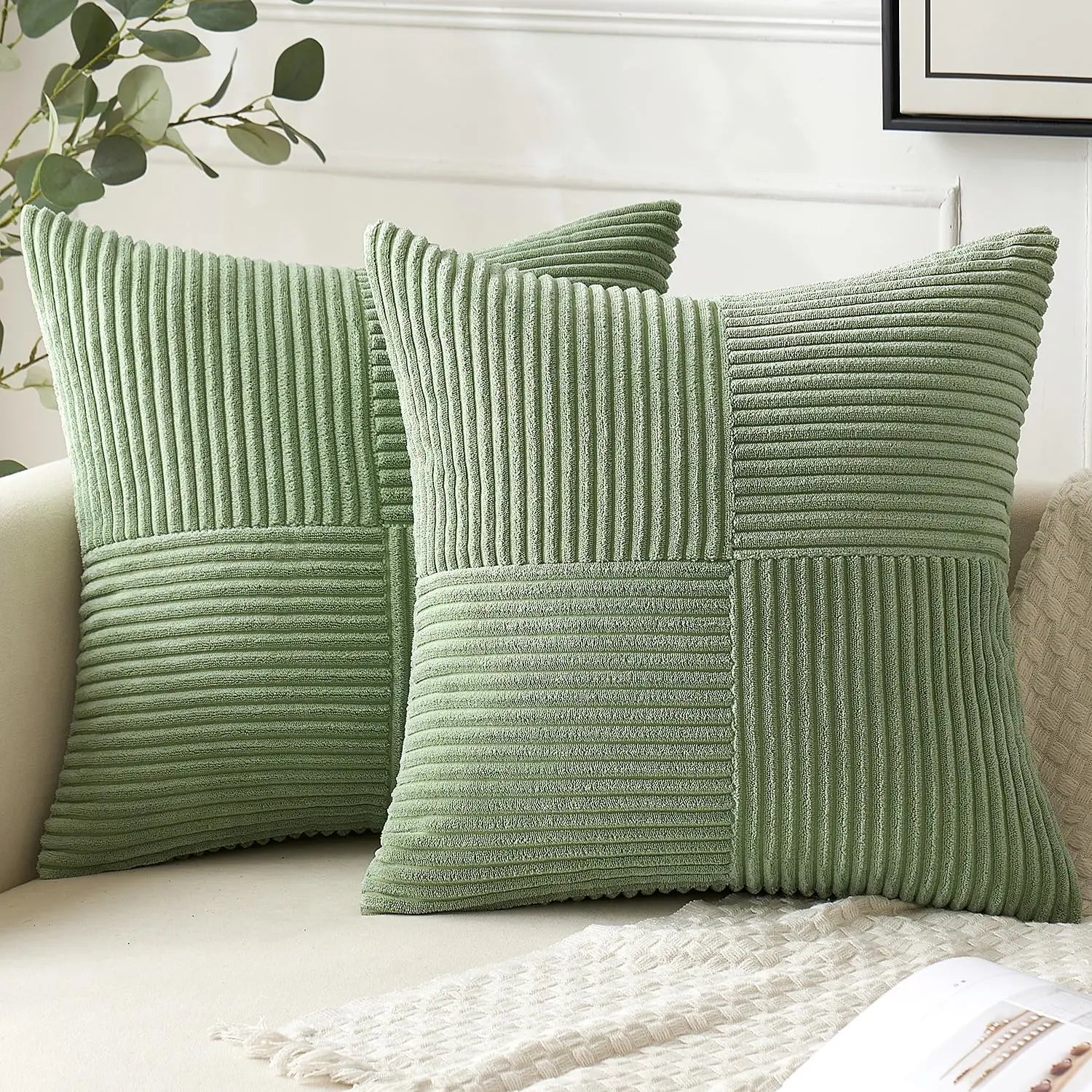 18Inch Set of 2 Beige Throw Pillow Covers Solid Corduroy Striped Cross Patchwork Textured Cushion Covers Home Decor for Couch