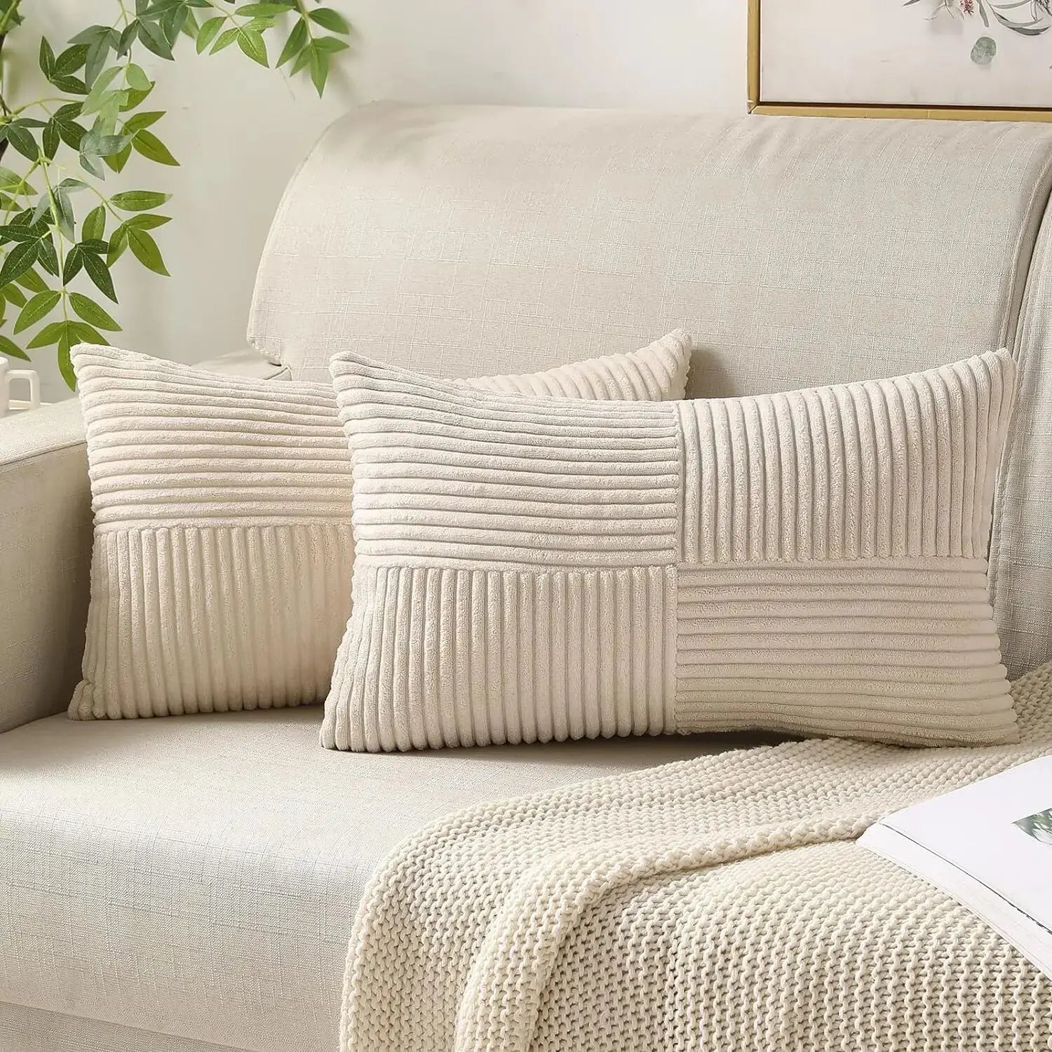 Textured Striped Patchwork Corduroy Throw Pillowcase for Lumbar Pillow Covers 12X20 Inches Cushion Cases Farmhouse Boho Decor
