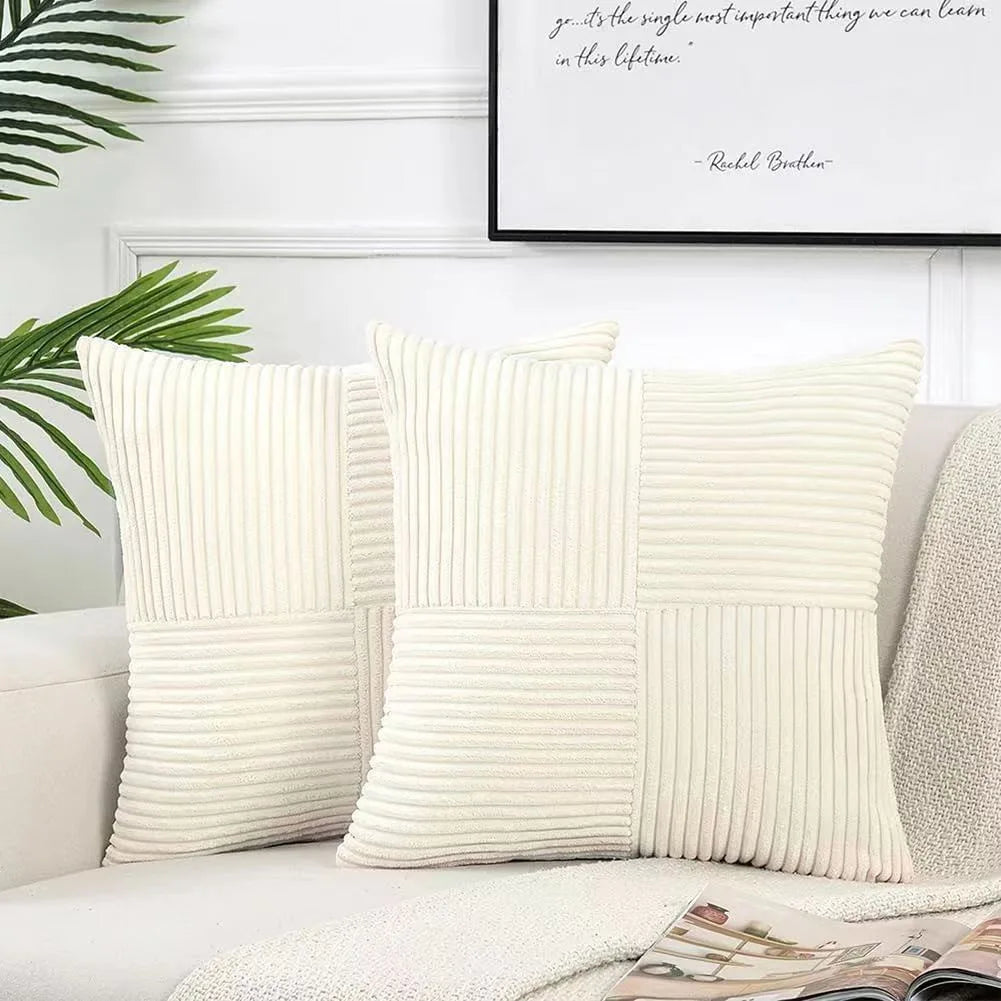 18Inch Set of 2 Beige Throw Pillow Covers Solid Corduroy Striped Cross Patchwork Textured Cushion Covers Home Decor for Couch