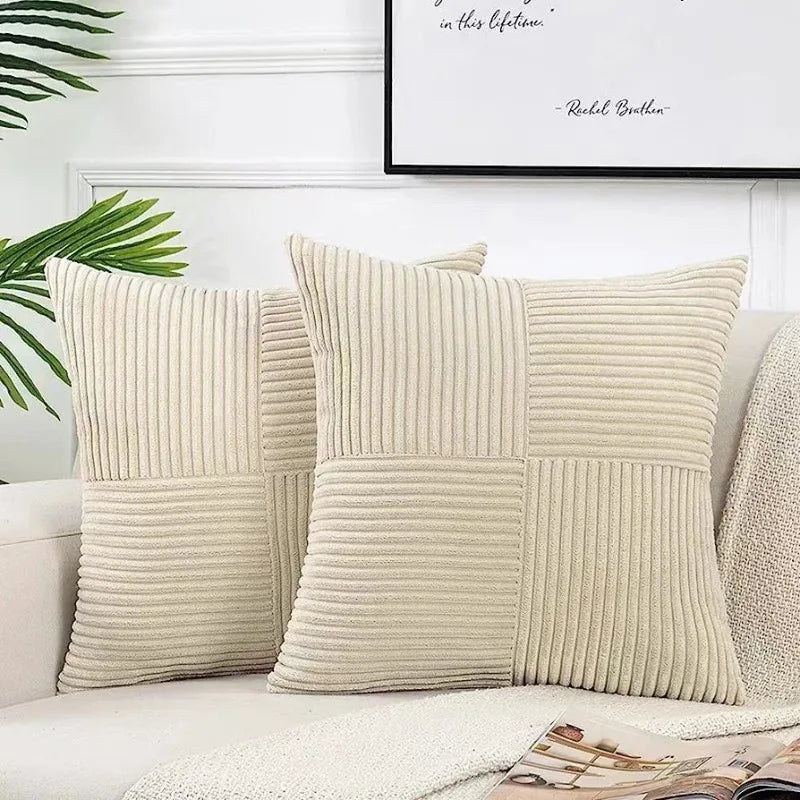 18Inch Set of 2 Beige Throw Pillow Covers Solid Corduroy Striped Cross Patchwork Textured Cushion Covers Home Decor for Couch